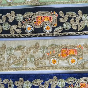Beige / Sage Green / Black/ Blue Silk Trim With Intricate Gold Embroidered Flowers and Car with Orange And White Beads, Approx. 64mm wide